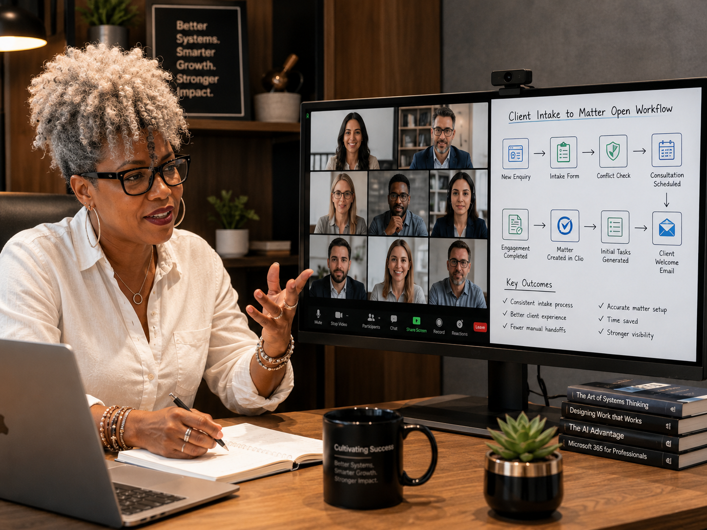 Resa Gooding walking a group of lawyers through a client intake to matter open workflow on a live training call