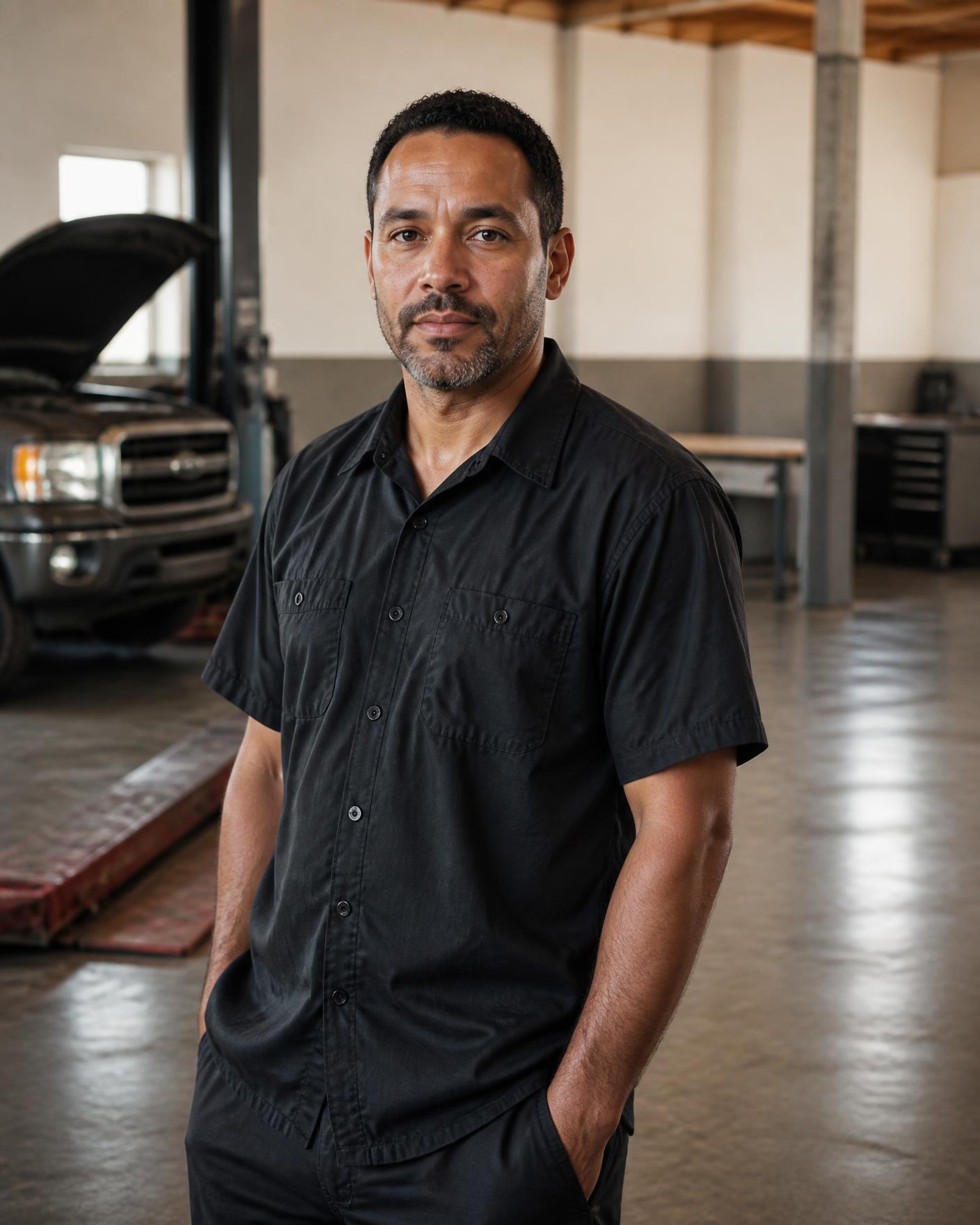 A service workshop owner standing in his garage